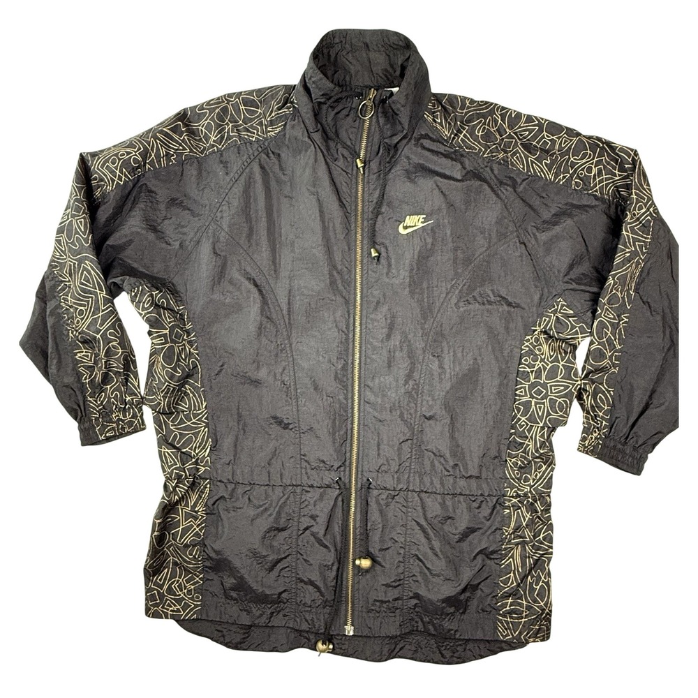 Vintage Nike Windbreaker Jacket Women M Black/Gold Geometric Vented Y2K